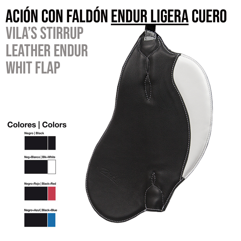 Estribo de sela de couro preto com aba branca e costura branca