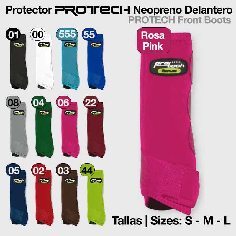 Protetores Protech Front Boots de neopreno em múltiplas cores com etiquetas e tamanhos S, M, L