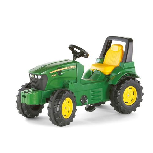 Carrinho de brinquedo estilo tractor verde e amarelo com pneus pretos e assento acolchoado amarelo