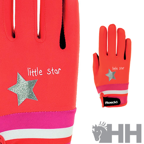 Luvas vermelhas infantis com estrela prateada e texto little star