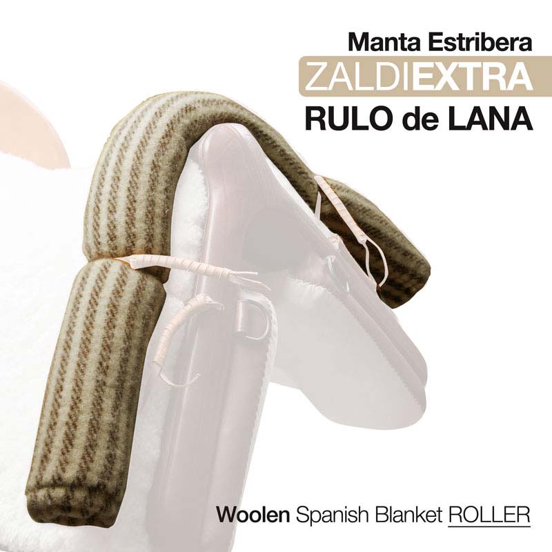 Manta estríbera de lã riscada castanha sobre sela branca translúcida com texto explicativo