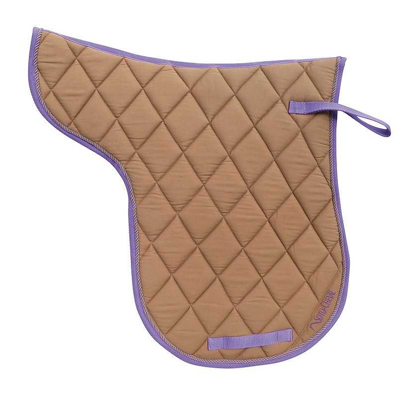 Roupa de sela bege acolchoada com acabamento lilás e alças para fixação