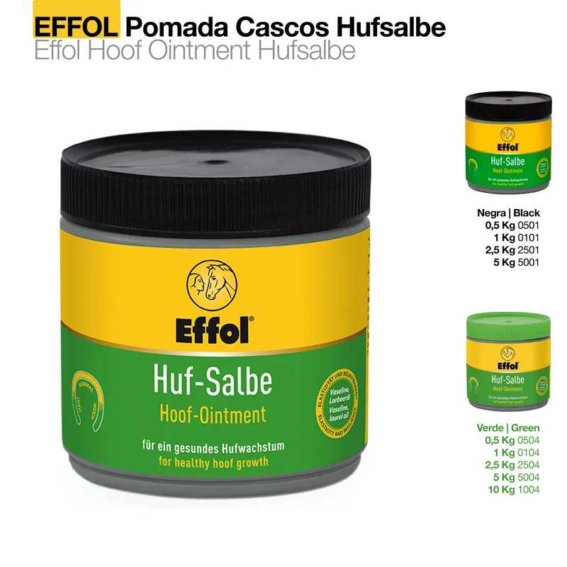 Frasco de pomada Effol Huf-Salbe para cascos com rótulo amarelo e verde e tampa preta