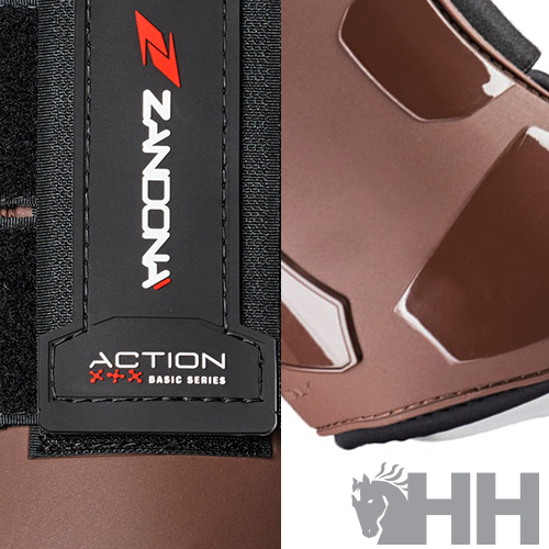 Etiqueta de produto vestível castanho e preta com texto e logotipo HH no fundo branco