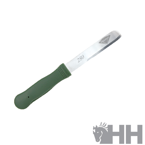 Faca com pega verde e lâmina metálica prateada com gravação 280