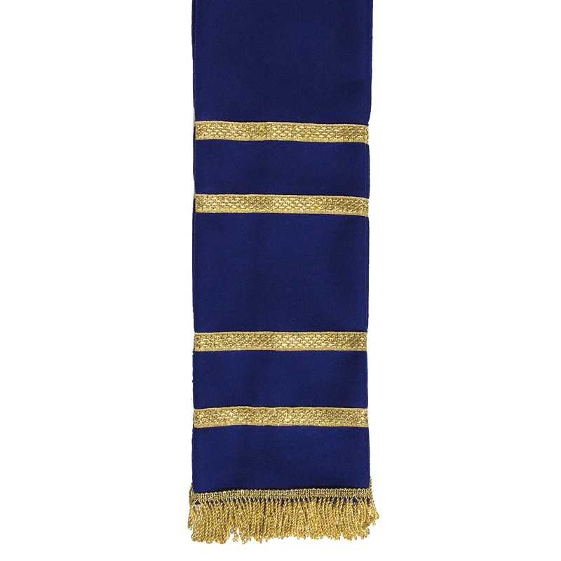 Cachecol azul com listras douradas e franjas