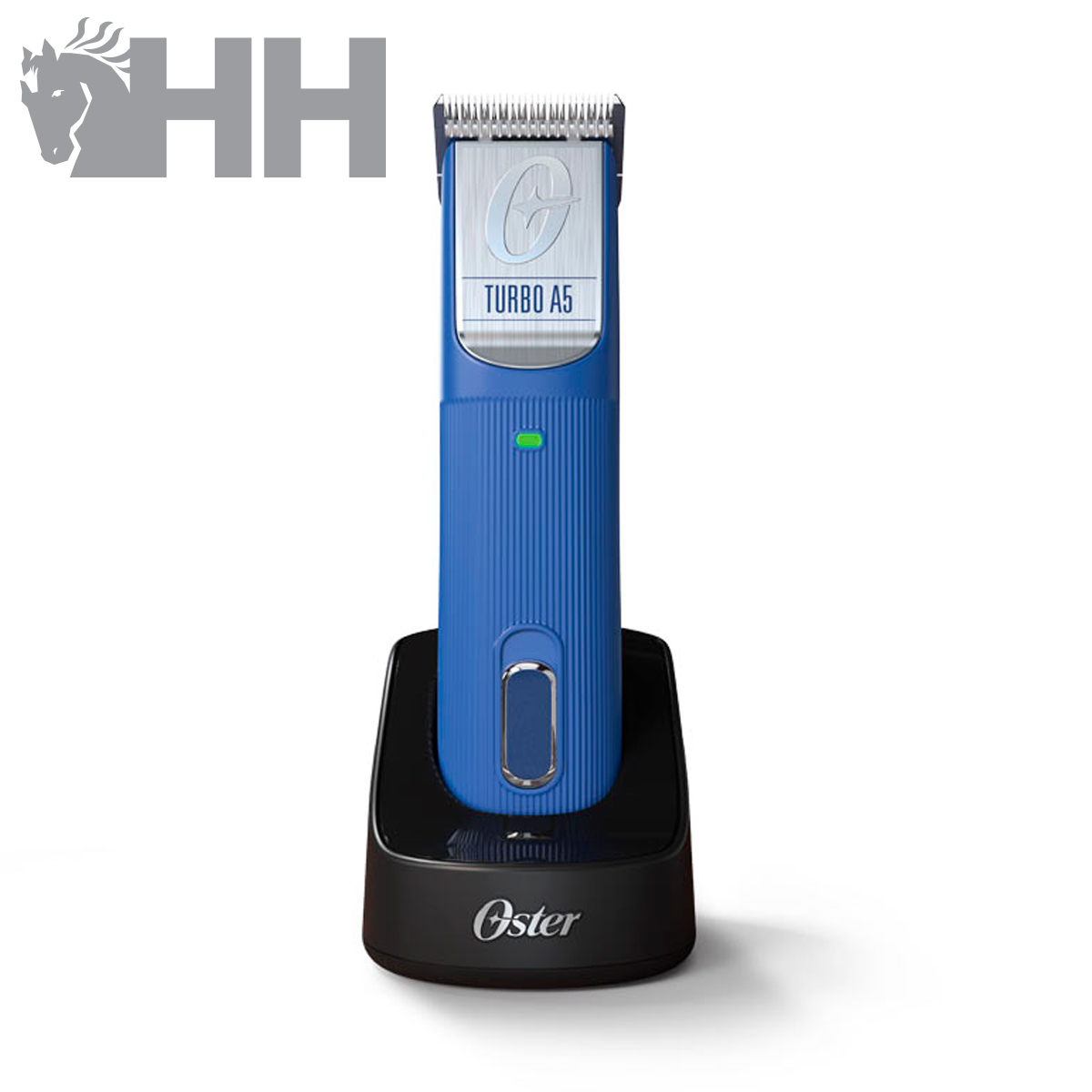 Aparelho de corte de cabelo azul Oster Turbo A5 na base de carregamento preta