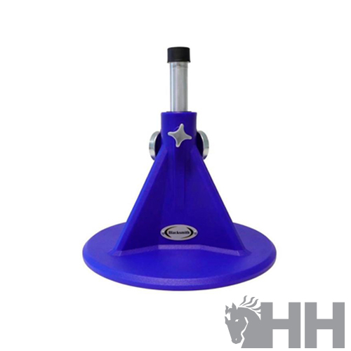 Suporte/base azul com tubo transparente e tampa preta, adesivo 'Marknads' e estrela decorativa