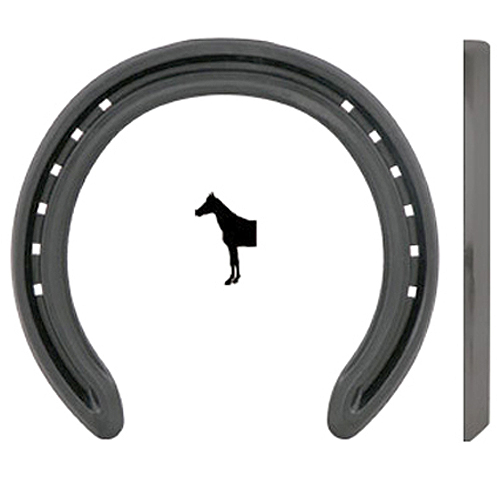 Ferradura metálica cinza escuro com silhueta de cavalo preto ao centro