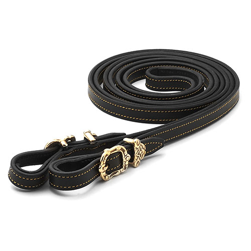 Trela para animal de couro preto com fivelas douradas