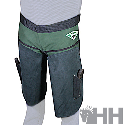 Avental de proteção para pernas verde e preto com bolsos laterais