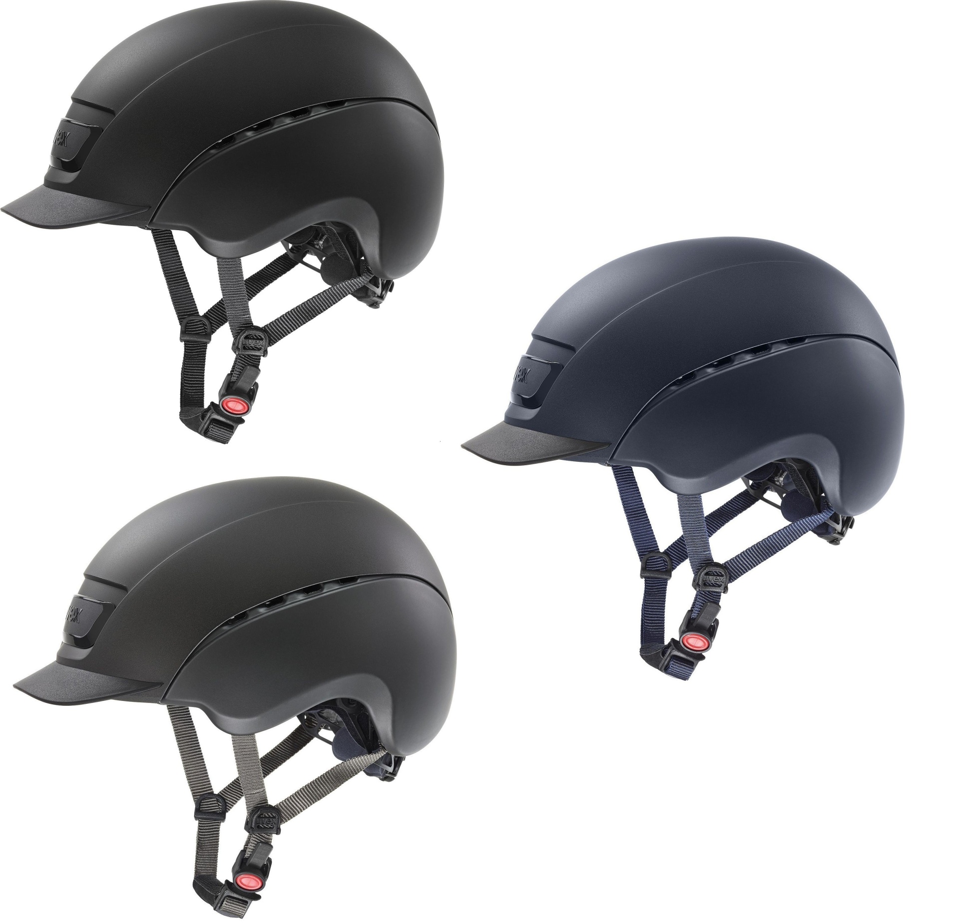 Três capacetes de ciclismo ou equitação preto, azul e cinzento com tiras ajustáveis