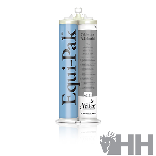 Frasco azul e branco Equi-Pak de material macio para enchimento com texto