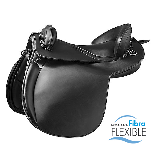 sela de equitação em couro preto com logotipo ARMADURA Fibra FLEXIBLE