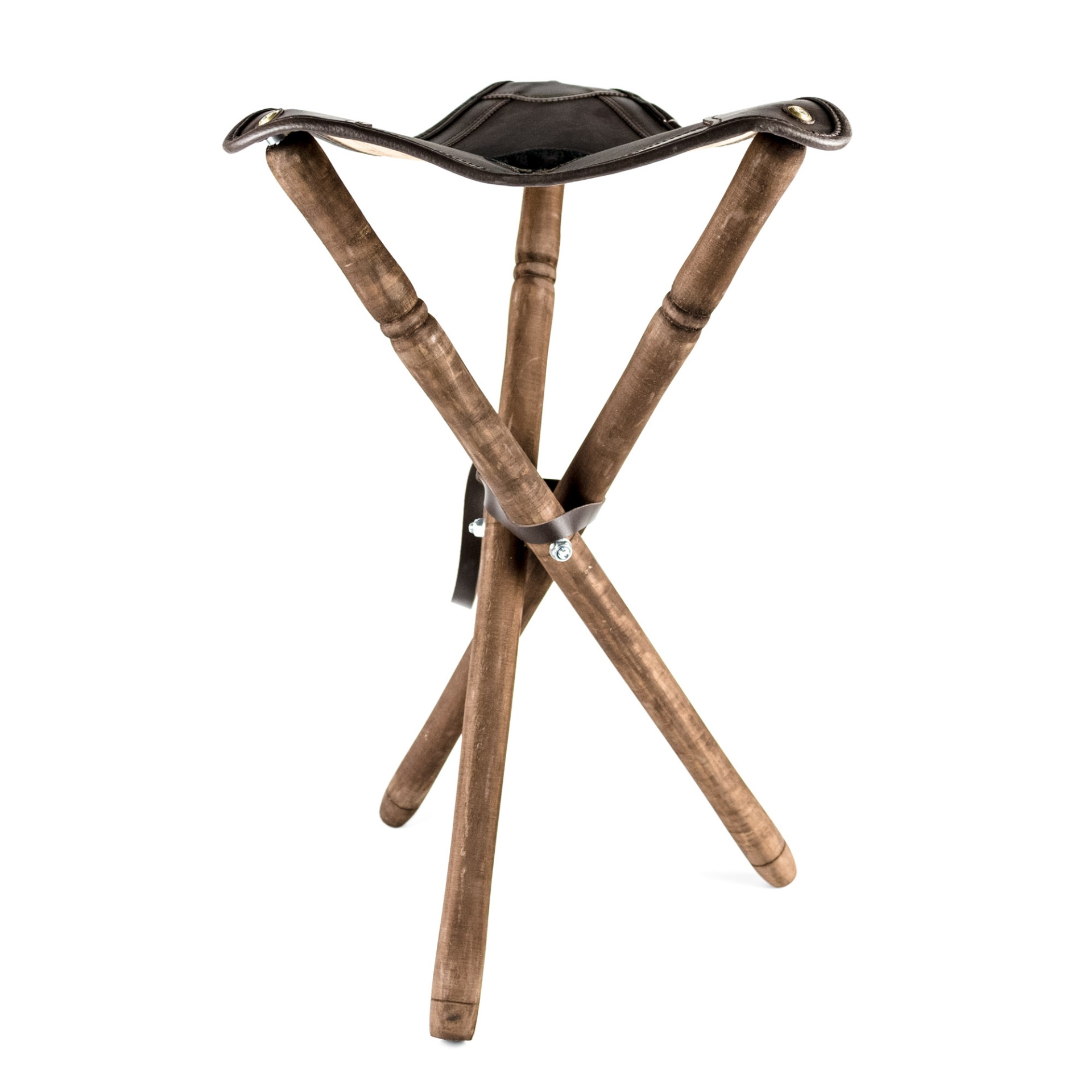 BANCO DE CAÇA. TRIPÉ. PELE OLEADA. Altura 70 cm.