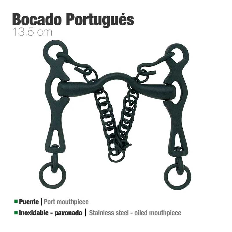 Bocado português metálico preto com correntes e anéis, 13,5 cm, texto descritivo em português e inglês.