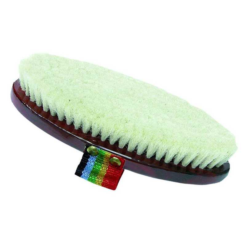 Escova oval para cavalos com cerdas brancas e base em madeira castanha