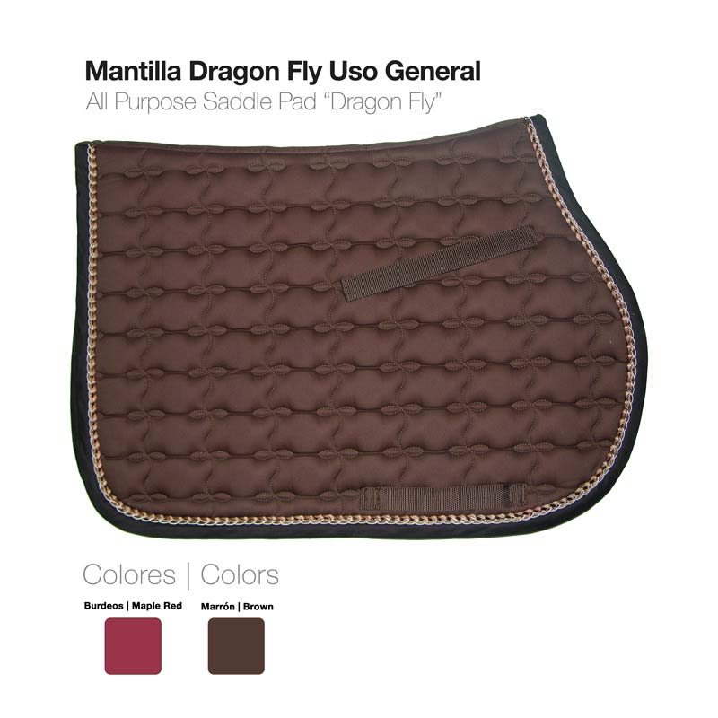 Protetor de sela mantilha Dragon Fly castanho com bordas decorativas.
