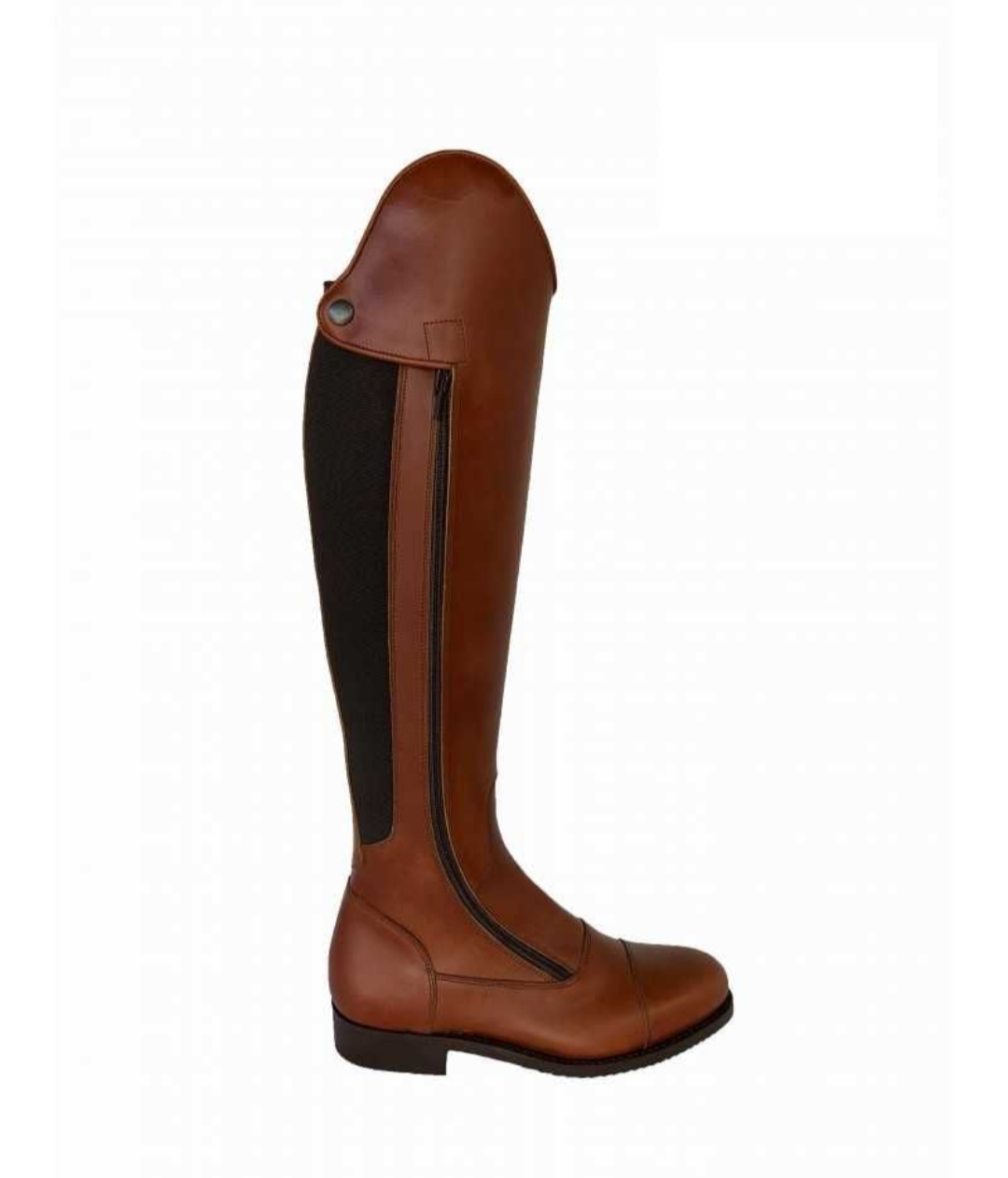 Bota alta de equitação castanha com detalhe elástico preto e fecho lateral
