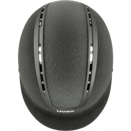 Capacete preto com aberturas de ventilação brilhantes e logótipo 'uvex' frontal.