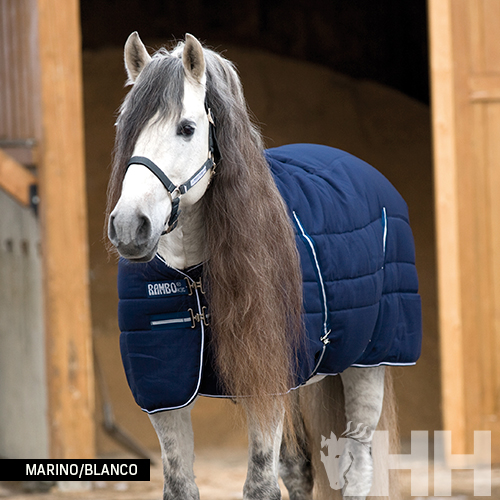 Cobertor azul marinho acolchoado para cavalo com fechos metálicos e etiqueta RAMBO ORIGINAL