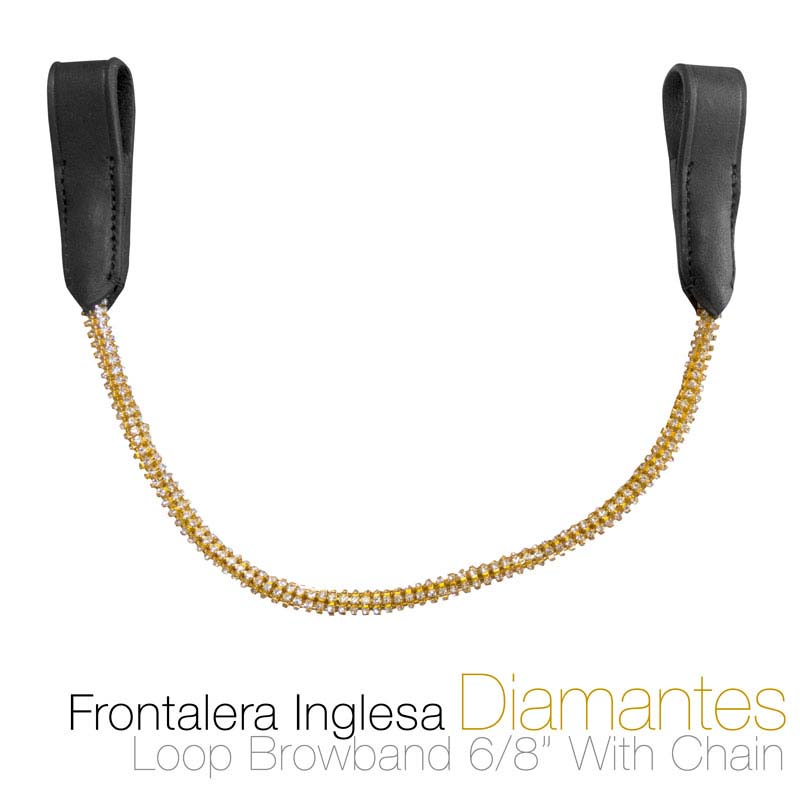 Frontalera Inglesa Loop Browband com corrente dourada e couro preto