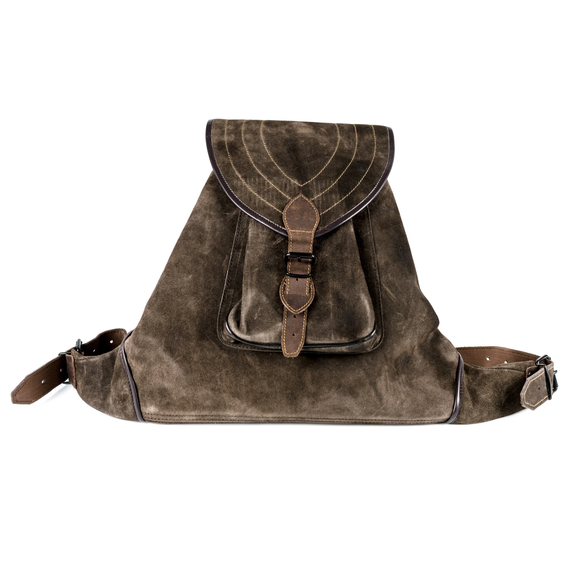 Mochila vintage triangular em camurça castanha com fecho de fivela