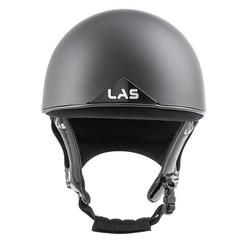 Capacete preto mate com alças ajustáveis e logo LAS branco