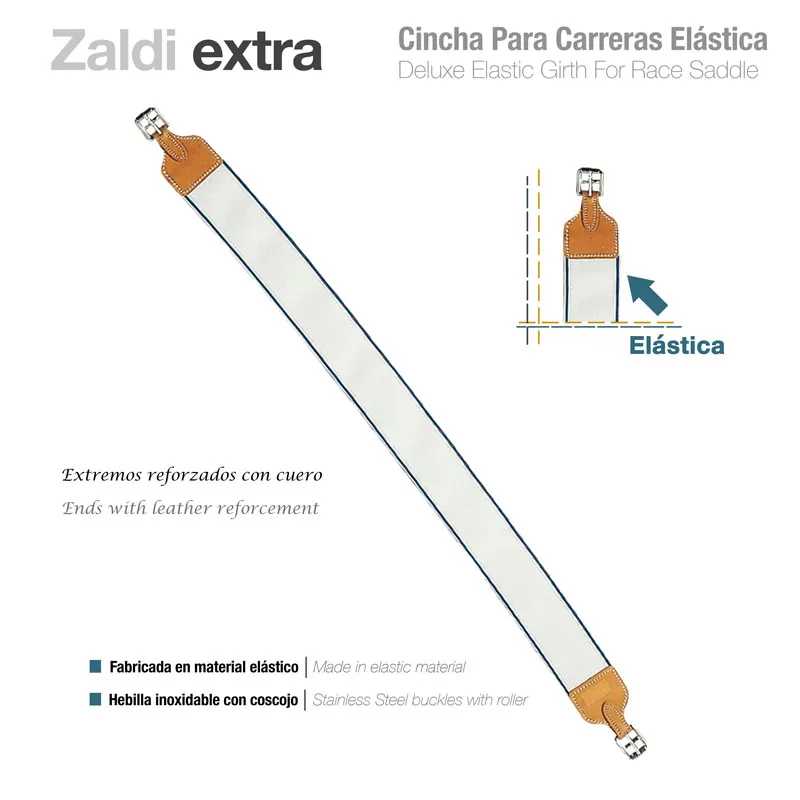 Cilha elástica branca para sela com extremidades em couro castanho e fivela inox