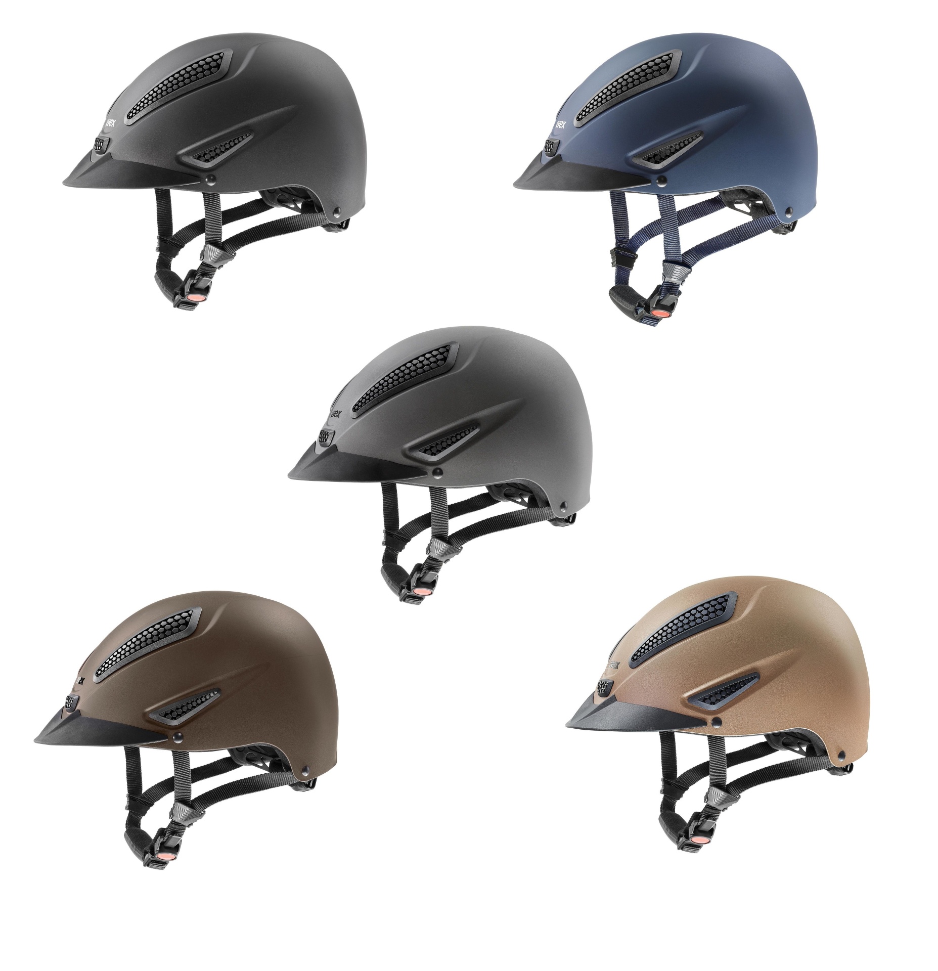 Cinco capacetes de bicicleta de várias cores com viseira e ventilação