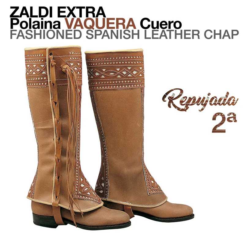 Polainas vaqueras de couro castanho claro com franjas e detalhes brancos