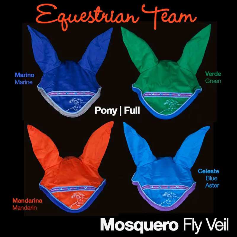 Capas para orelhas de cavalo em quatro cores diferentes com texto de cores e 'Equestrian Team Mosquero Fly Veil'