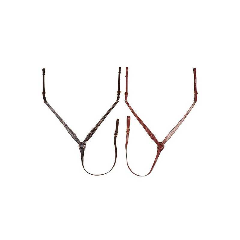 Duas peitorais de couro castanho para cavalo com fivelas e costuras, em fundo branco