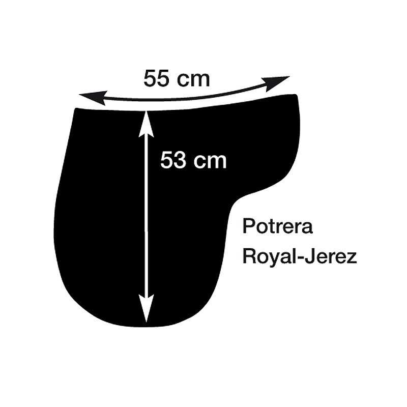 Silhueta preta com medidas 55 cm e 53 cm e texto Potrera Royal-Jerez