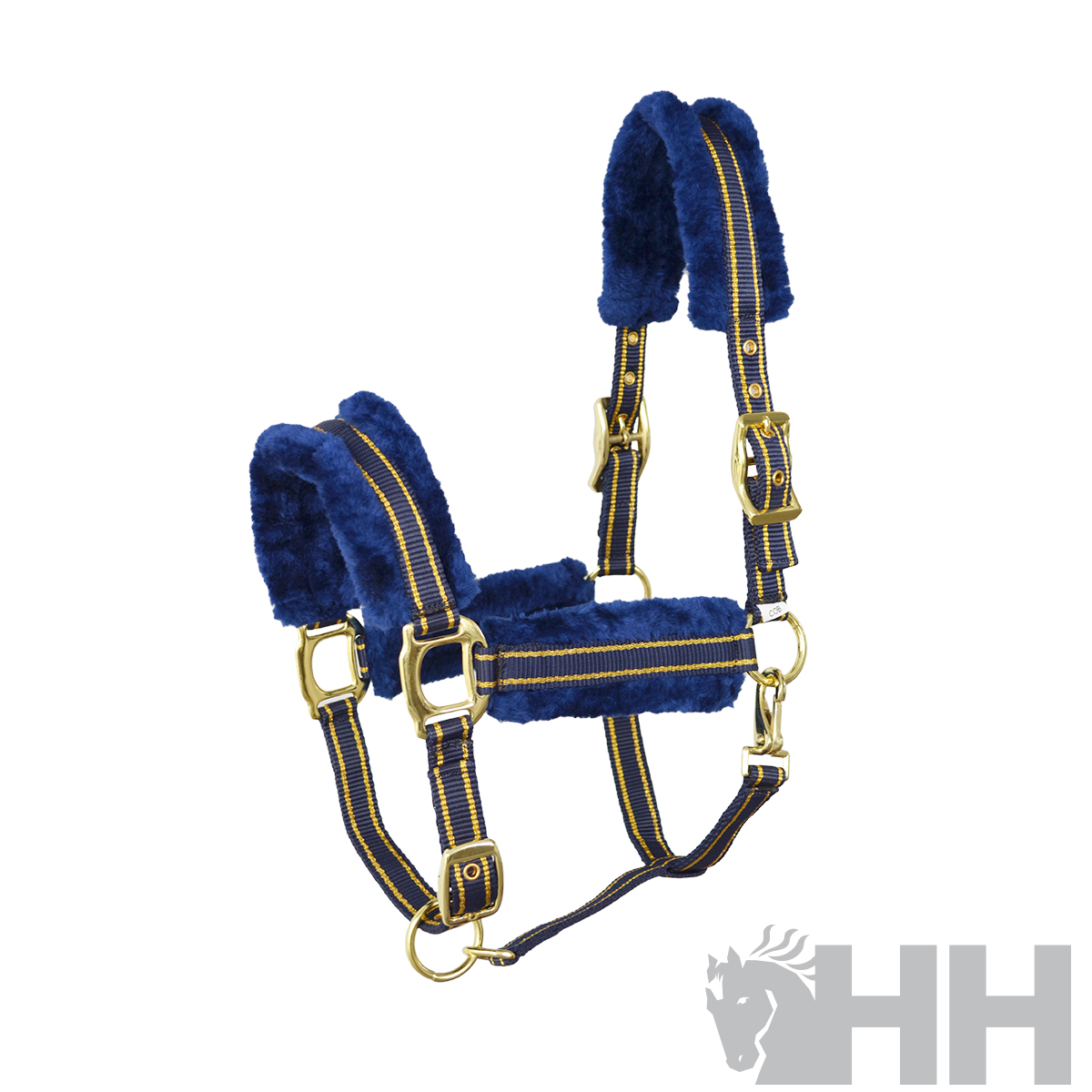 Cabresto para cavalo nylon azul escuro com pelúcia e fivelas douradas