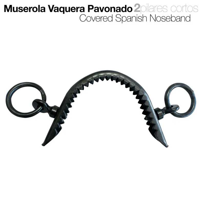 Muserola Vaquera Pavonado em metal preto com textura serrilhada e anéis circulares