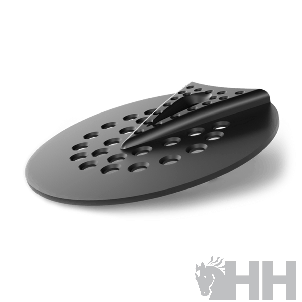 Produto plástico preto com buracos redondos e partes articuladas