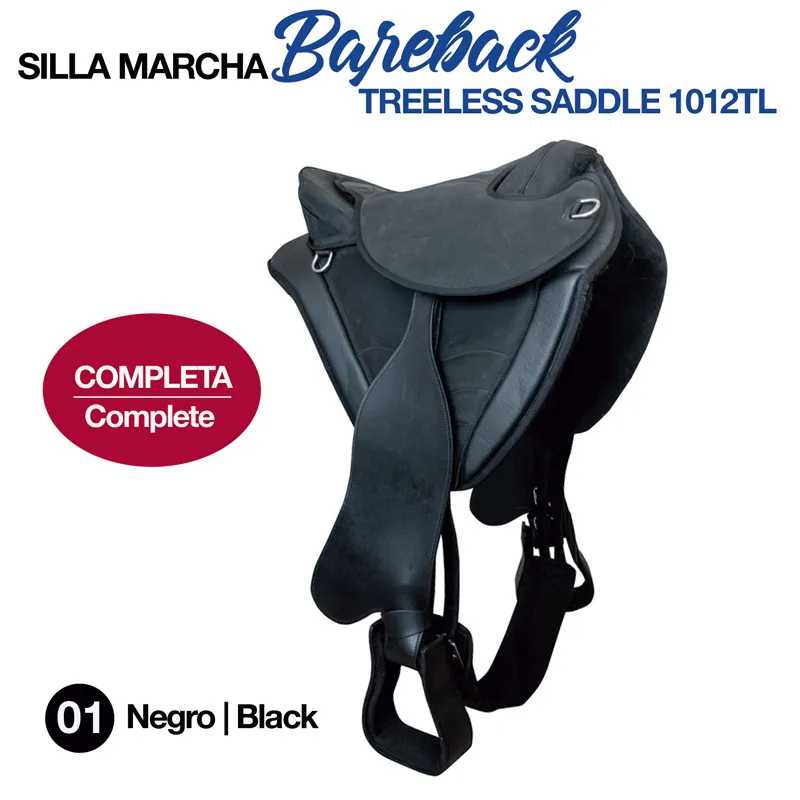 Sela Bareback Treeless Saddle preta com texto promocional