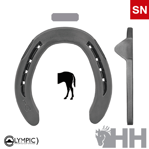 Ferradura metálica cinzenta com símbolo de cavalo e logotipos OLYMPIC e HH