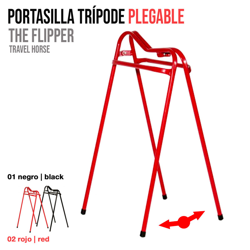 Portasilla trípode plegable vermelho em fundo branco com texto