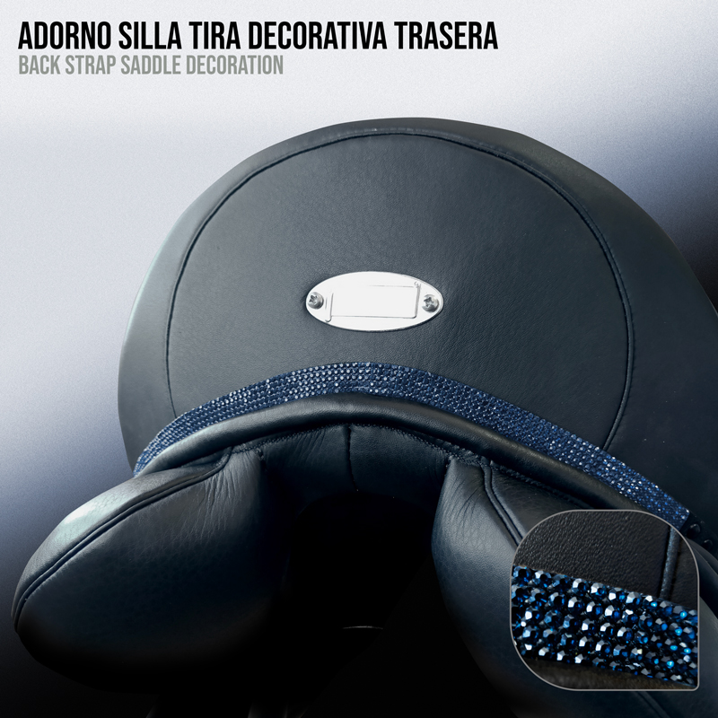 Sela de equitação preta com tira traseira azul escura decorada com pedras brilhantes