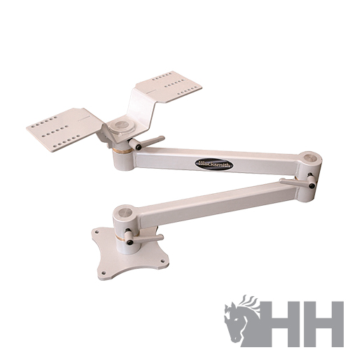 Suporte articulado branco para monitor com base de fixação e prateleiras ajustáveis