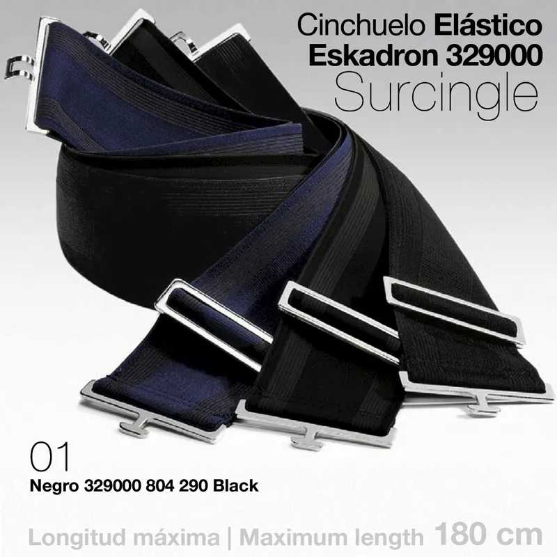 Cinchuelo elástico preto com detalhes azuis e fivelas metálicas