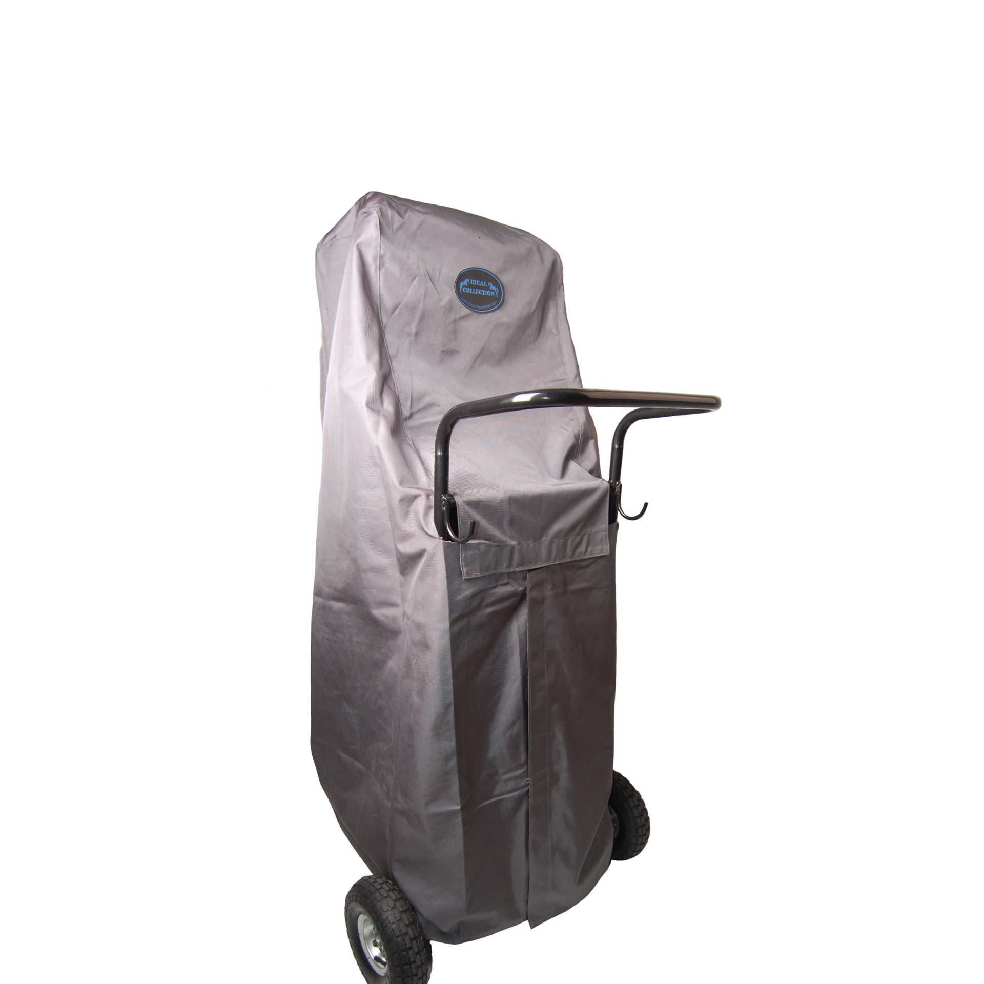 Carrinho de transporte com capa cinzenta e rodas pretas