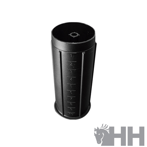 frasco cilíndrico preto com escala numérica vertical e tampa