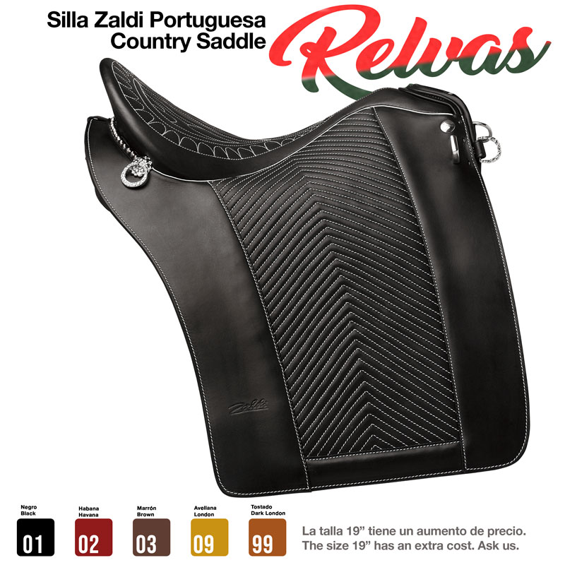 Sela de equitação Zaldi Country Saddle Relvas preta com costura padrão espinha de peixe