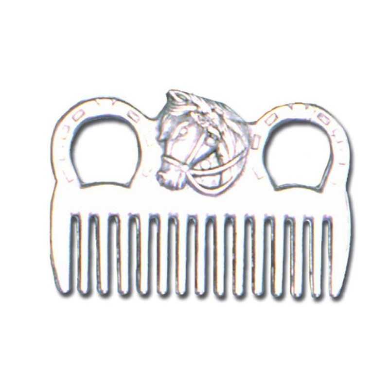 Pente de metal prateado com cabeça de cavalo em relevo