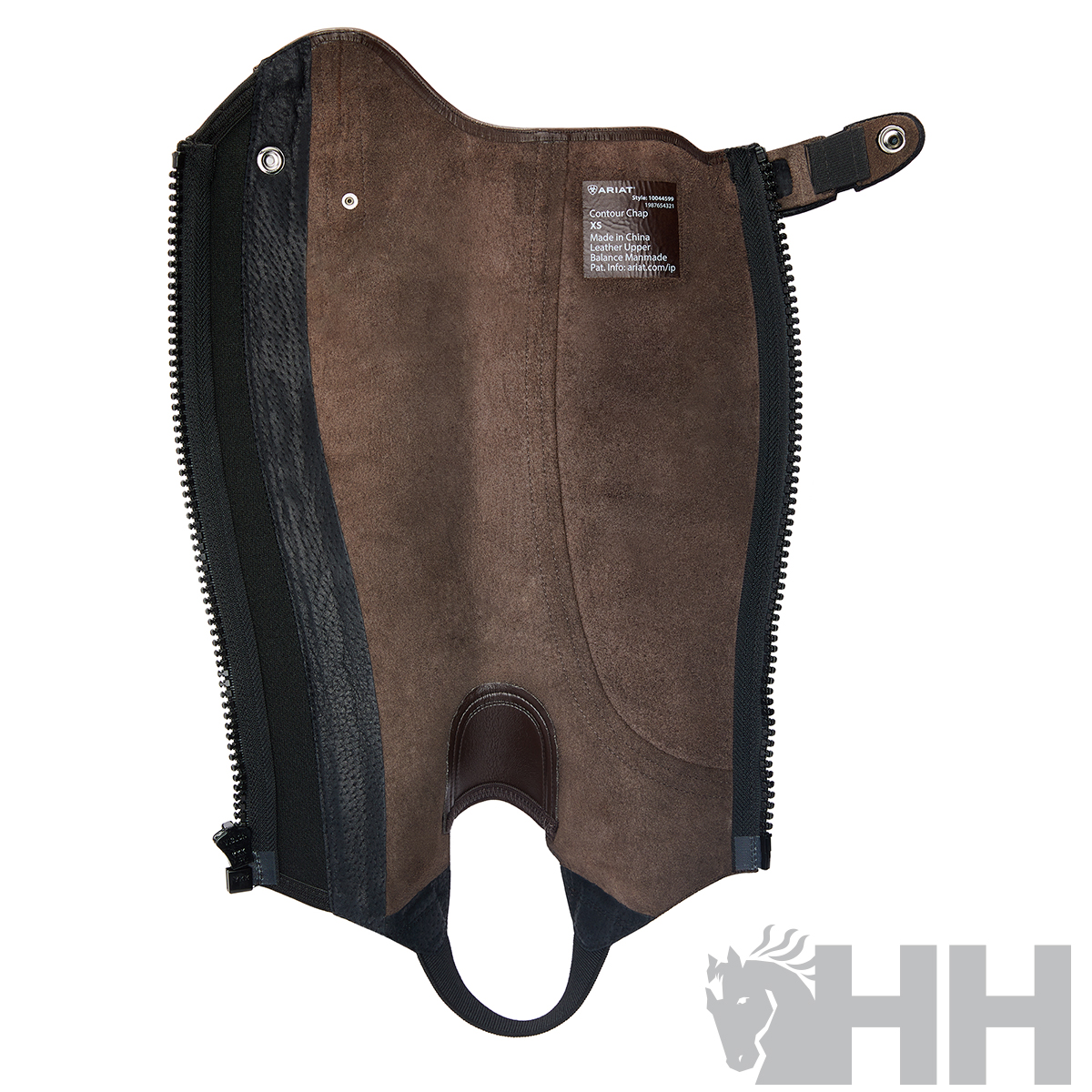 Perneira de equitação em couro castanho e preto com zíper e etiqueta