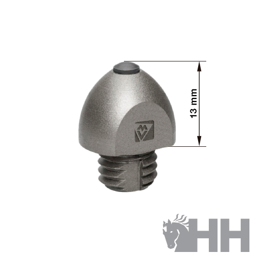 Parafuso metálico cinza com cabeça arredondada em fundo branco e logotipo HH