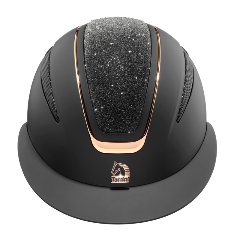 Capacete de equitação preto com faixa glitter prateado e detalhes dourados